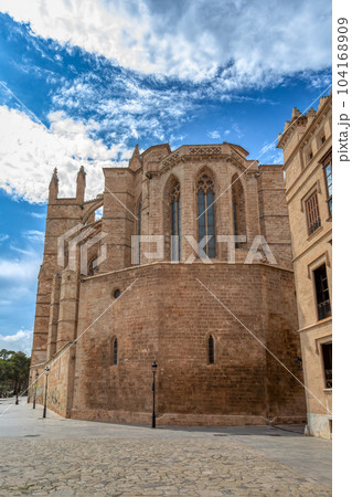 Gothic medieval cathedral La Seu and Royal Palace of La Almudaina. Palma de Mallorca. Balearic Islands Spain. 104168909