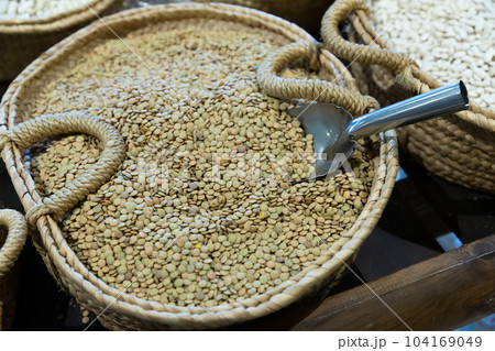 Baskets with lentils in food market Baskets with lentils in food market 104169049