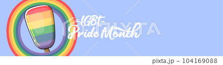 Happy pride month wide horizontal banner with pride color flag ice cream isolated on blue background. LGBT Pride month or pride day poster, invitation party card with popsicle 104169088