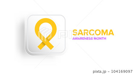 Sarcoma cancer awareness month concept horizontal banner design template with yellow ribbon and text isolated on blue background. July is Sarcoma cancer awareness month vector flyer or poster 104169097