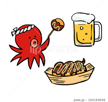 手描きのたこ焼きとビールのイラストセット 104169699