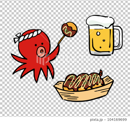 手描きのたこ焼きとビールのイラストセット 104169699