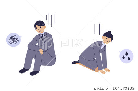 落ち込んで座り込むスーツ姿の男女 104170235