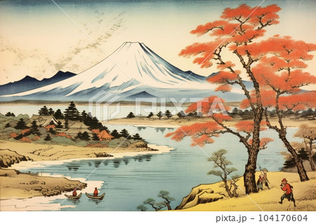 湖と富士山（浮世絵風）：AI生成画像のイラスト素材 [104170604