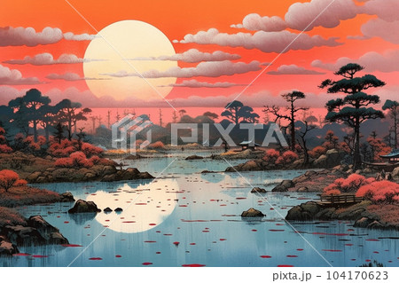 夕焼けに染まる湖の風景（浮世絵風）：AI生成画像のイラスト素材