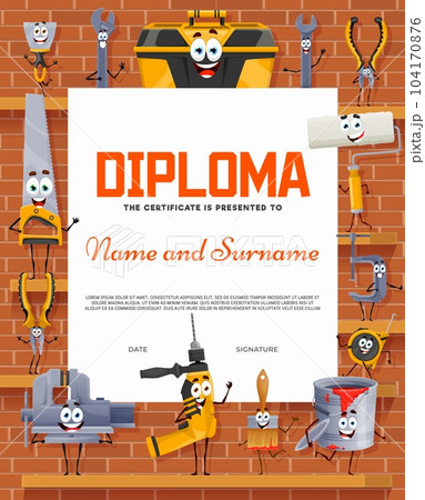 Builder diploma or certificate, cartoon repair, DIY and work tool characters, vector appreciation award. Kids carpentry or woodworking workshop certificate diploma with funny drill, saw and paintbrush 104170876