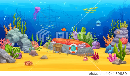 Cartoon underwater landscape, sea bottom with corals, reefs and jellyfish, vector background. Undersea fish shoal, sunken boat house dwelling of marine creature with seaweeds, underwater shelter 104170880