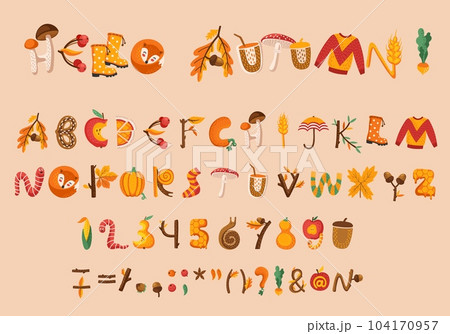Cartoon fall autumn thanksgiving font, type or alphabet. Vector abc typography and signs set. Tree leaves, sweater, worm, umbrella, apple and mushroom, acorn, sock and pumpkin cute letters, numbers Cartoon fall autumn thanksgiving font, type or alphabet. Vector abc typography and signs set. Tree leaves, sweater, worm, umbrella, apple and mushroom, acorn, sock and pumpkin cute letters, numbers 104170957