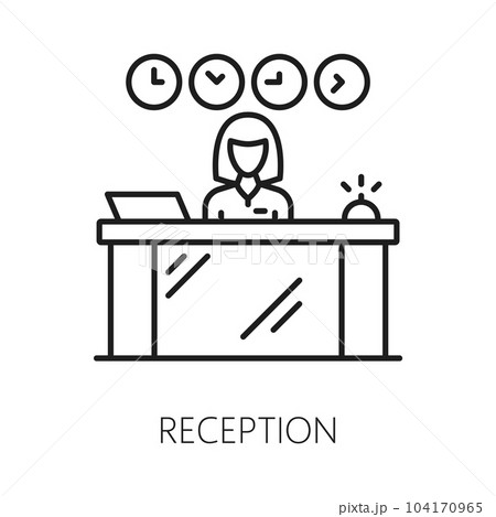 Reception desk icon, customer hotel service, thin line symbol. Vector receptionist at counter, cashier concierge doing check in or check-out Reception desk icon, customer hotel service, thin line symbol. Vector receptionist at counter, cashier concierge doing check in or check-out 104170965