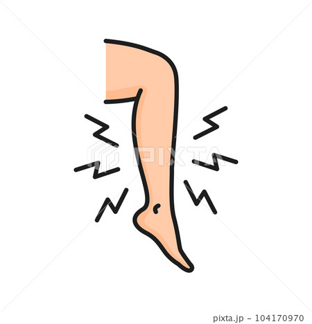 Swelling legs, varicose veins treatment color line icon. Vector woman legs and thunder as pains sign. Edema disease diagnostic and treatment Swelling legs, varicose veins treatment color line icon. Vector woman legs and thunder as pains sign. Edema disease diagnostic and treatment 104170970
