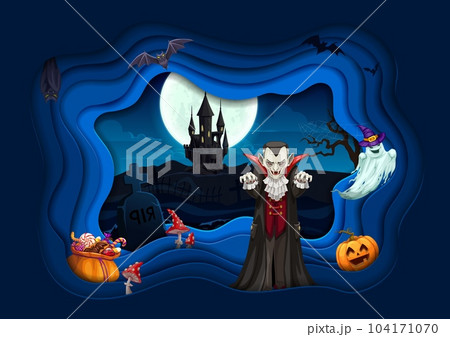 Halloween cartoon vampire paper cut poster. Vector 3d design with scary characters dracula, ghosts and creepy bats, holiday scary monsters. Pumpkin, sweets, amanita and old castle at night cemetery 104171070