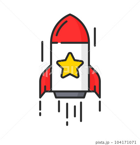 Rocket with loyalty point star icon of special benefits, reward or bonuses growth. Vector thin line symbol of rocket with gold star, customer loyalty incentive program or shopping bonus system 104171071