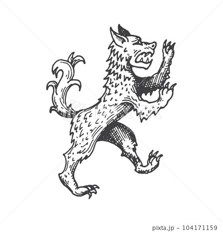 Wolf medieval heraldic animal sketch. Magic monster, mythology creature or wolf beast heraldic hand drawn vector emblem. Legend animal medieval coat of arms, etching symbol or history crest sign Wolf medieval heraldic animal sketch. Magic monster, mythology creature or wolf beast heraldic hand drawn vector emblem. Legend animal medieval coat of arms, etching symbol or history crest sign 104171159