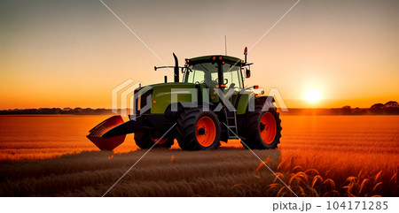 A combine harvester or agricultural tractor is processing or harvesting wheat in a field in the afternoon at sunset. Generative AI. A combine harvester or agricultural tractor is processing or harvesting wheat in a field in the afternoon at sunset. Generative AI. 104171285