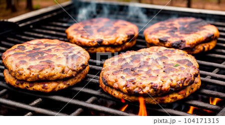 Cooking meat patties for burgers on a flame grill with smoke close-up. The concept of a picnic with a barbecue on a fire in the nature in the forest. Generative AI. 104171315