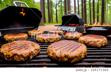 Cooking meat patties for burgers on a flame grill with smoke close-up. The concept of a picnic with a barbecue on a fire in the nature in the forest. Generative AI. 104171368