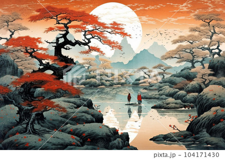 山間の湖と夕焼け（浮世絵風）：AI生成画像のイラスト素材 [104171430] - PIXTA