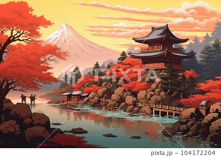 紅葉と富士山（浮世絵風）：AI生成画像 104172204
