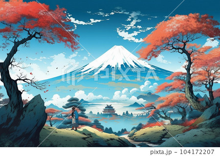 紅葉と富士山（浮世絵風）：AI生成画像のイラスト素材 [104172207] - PIXTA