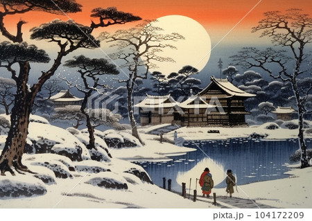 絵画　和風建築物