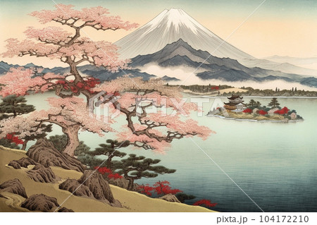 サクラと富士山（浮世絵風）：AI生成画像のイラスト素材