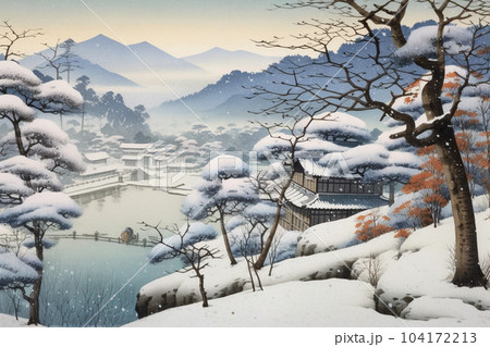 農村の雪景色（浮世絵風）：AI生成画像のイラスト素材 [104172213] - PIXTA