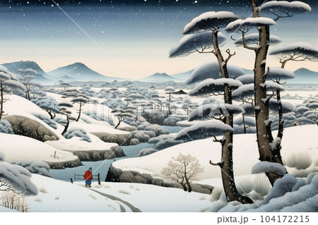 川と雪景色（浮世絵風）：AI生成画像のイラスト素材 [104172215] - PIXTA
