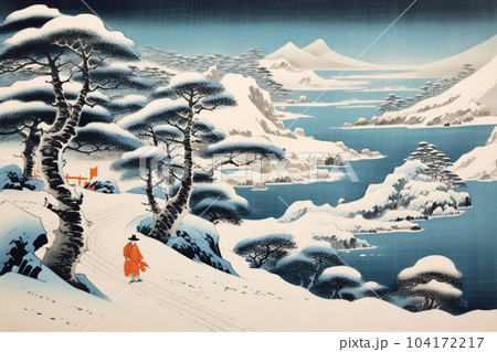 山間を流れる川と雪景色（浮世絵風）：AI生成画像のイラスト素材