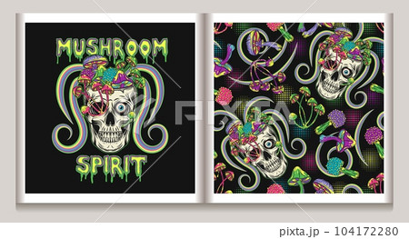 Psychedelic surreal label, pattern with human skull without top like cup full of fantasy mushrooms, text. Crazy mad skull with single eye, growing through skull mushrooms. Concept of madness, insanity Psychedelic surreal label, pattern with human skull without top like cup full of fantasy mushrooms, text. Crazy mad skull with single eye, growing through skull mushrooms. Concept of madness, insanity 104172280