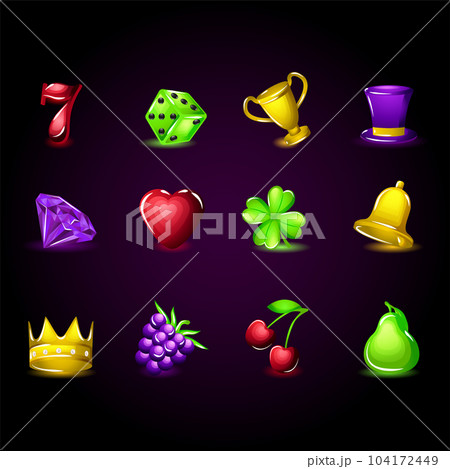 3D Color Different Slots Icons for Casino Slot Machines Include of Cherry, Seven, Heart and Diamond. Vector illustration 3D Color Different Slots Icons for Casino Slot Machines Include of Cherry, Seven, Heart and Diamond. Vector illustration 104172449