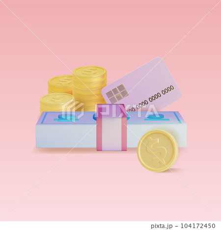 3d Dollar Bill Pack with Plastic Credit Card and Coins Cartoon Style Wealth Concept. Vector illustration 104172450