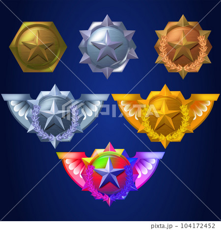 Realistic Detailed 3d Color Different Game Ranking Badge Set UI Design. Vector illustration of Gold, Silver and Bronze Badges 104172452
