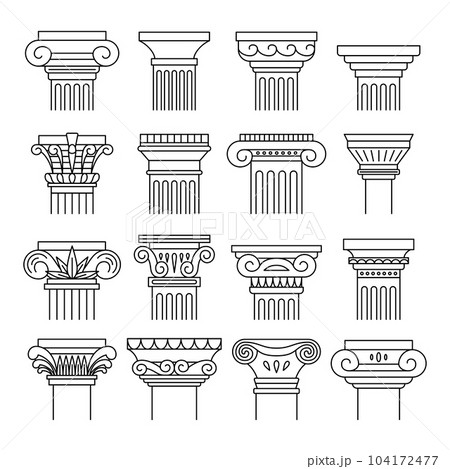 Ancient Columns Black Thin Line Icon Set Include of Ionic, Doric and Corinthian Order. Vector illustration of Icons 104172477