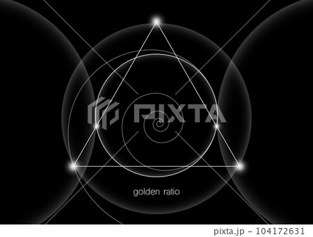 Interlocking circles, triangles and spirals hipster sacred geometry illustration with golden ratio, fibonacci spiral. White line vector isolated on black background. 104172631