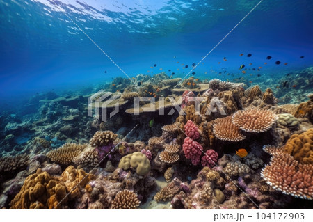 coral reef, surrounded by schools of colorful fish and other marine life, created with generative ai 104172903