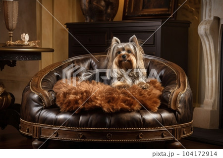 luxurious pet bed with intricate headboard in rich leather and plush faux fur, created with generative ai luxurious pet bed with intricate headboard in rich leather and plush faux fur, created with generative ai 104172914