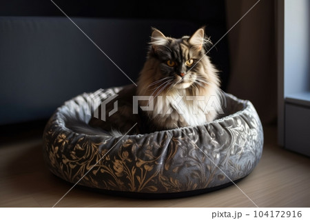 luxurious cat bed with plush pillow and shiny paw print, created with generative ai luxurious cat bed with plush pillow and shiny paw print, created with generative ai 104172916