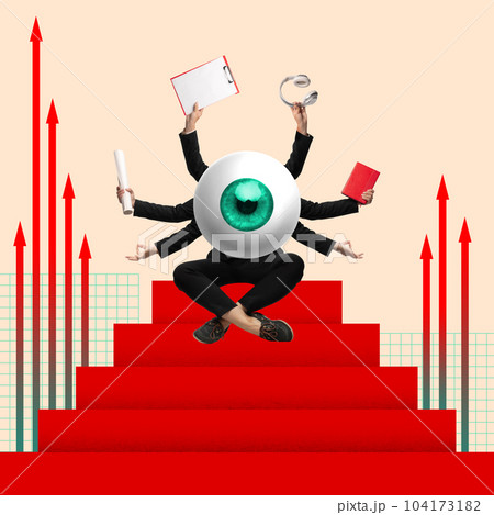 Multitasking. Man with giant eye body and many hands working in different directions, growing company and professional success. Contemporary art collage. 104173182