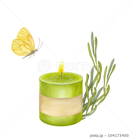 Green candle with branch rosemary, yellow butterfly. Hand drawn watercolor illustration isolated on white background. Cozy home, interior decor, spa aromatherapy, essential oil Green candle with branch rosemary, yellow butterfly. Hand drawn watercolor illustration isolated on white background. Cozy home, interior decor, spa aromatherapy, essential oil 104173400