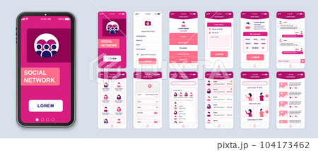 Social network smartphone interface vector templates set. Internet communication. Mobile app page pink design layout. Pack of UI, UX, GUI screens for application. Web design elements kit 104173462