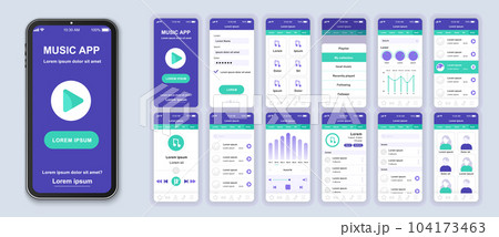 Music mobile app interface design vector templates set. Musical albums. Online audio playlist. Smartphone web page layout kit . Pack of UI, UX, GUI screens for application. Phone display Music mobile app interface design vector templates set. Musical albums. Online audio playlist. Smartphone web page layout kit . Pack of UI, UX, GUI screens for application. Phone display 104173463