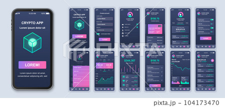 Cryptocurrency app smartphone interface design vector templates set. Mobile wallet. Crypto blockchain. Investing online. Web page design layout. Pack of UI, UX, GUI screens for application kit Cryptocurrency app smartphone interface design vector templates set. Mobile wallet. Crypto blockchain. Investing online. Web page design layout. Pack of UI, UX, GUI screens for application kit 104173470