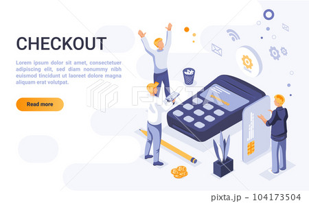 Checkout landing page vector template with isometric illustration. Online payment homepage interface layout with isometry. E-shopping. Electronic commerce. Digital purchase 3d webpage design idea Checkout landing page vector template with isometric illustration. Online payment homepage interface layout with isometry. E-shopping. Electronic commerce. Digital purchase 3d webpage design idea 104173504