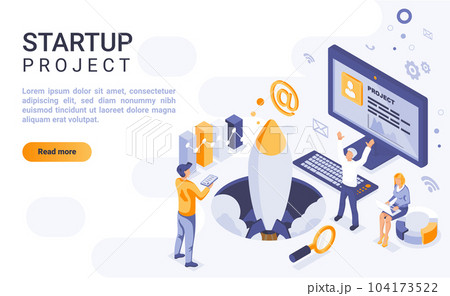 Startup project landing page vector template with isometric illustration. Corporate strategy launch homepage interface layout with isometry. Initiating new business 3d webpage design idea Startup project landing page vector template with isometric illustration. Corporate strategy launch homepage interface layout with isometry. Initiating new business 3d webpage design idea 104173522