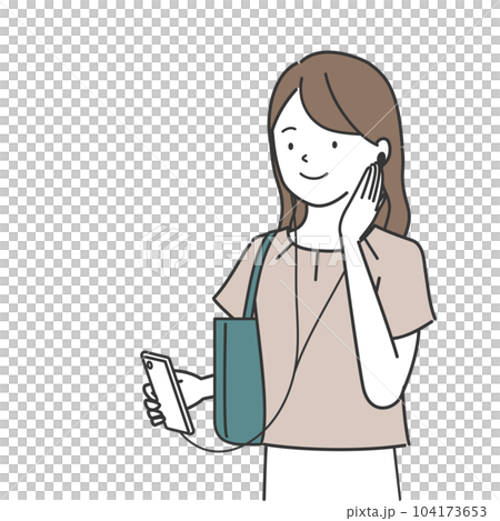 Woman listening to smartphone audio with earphones Woman listening to smartphone audio with earphones 104173653