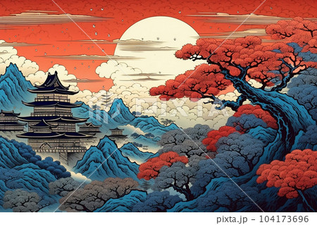 城と夕焼け（浮世絵風）：AI生成画像のイラスト素材 [104173696] - PIXTA