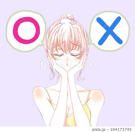 まるばつ　女性　考える　お団子頭 104173745