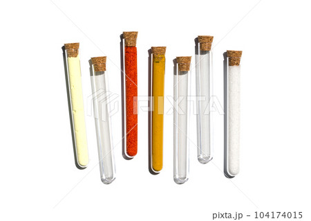 Sulfur Powder, Potassium Ferricyanide, Organic Curcuma Powder and Di-Ammonium Phosphate in test tube with cork cap. Cosmetic chemicals ingredient on laboratory table. Top View Sulfur Powder, Potassium Ferricyanide, Organic Curcuma Powder and Di-Ammonium Phosphate in test tube with cork cap. Cosmetic chemicals ingredient on laboratory table. Top View 104174015