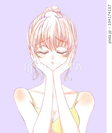 悩む女性　目を閉じる　お団子頭　 104174187