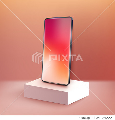 Realistic smartphone on square podium. 3d mobile phone with gradient screen mockup. Modern cell phone Realistic smartphone on square podium. 3d mobile phone with gradient screen mockup. Modern cell phone 104174222